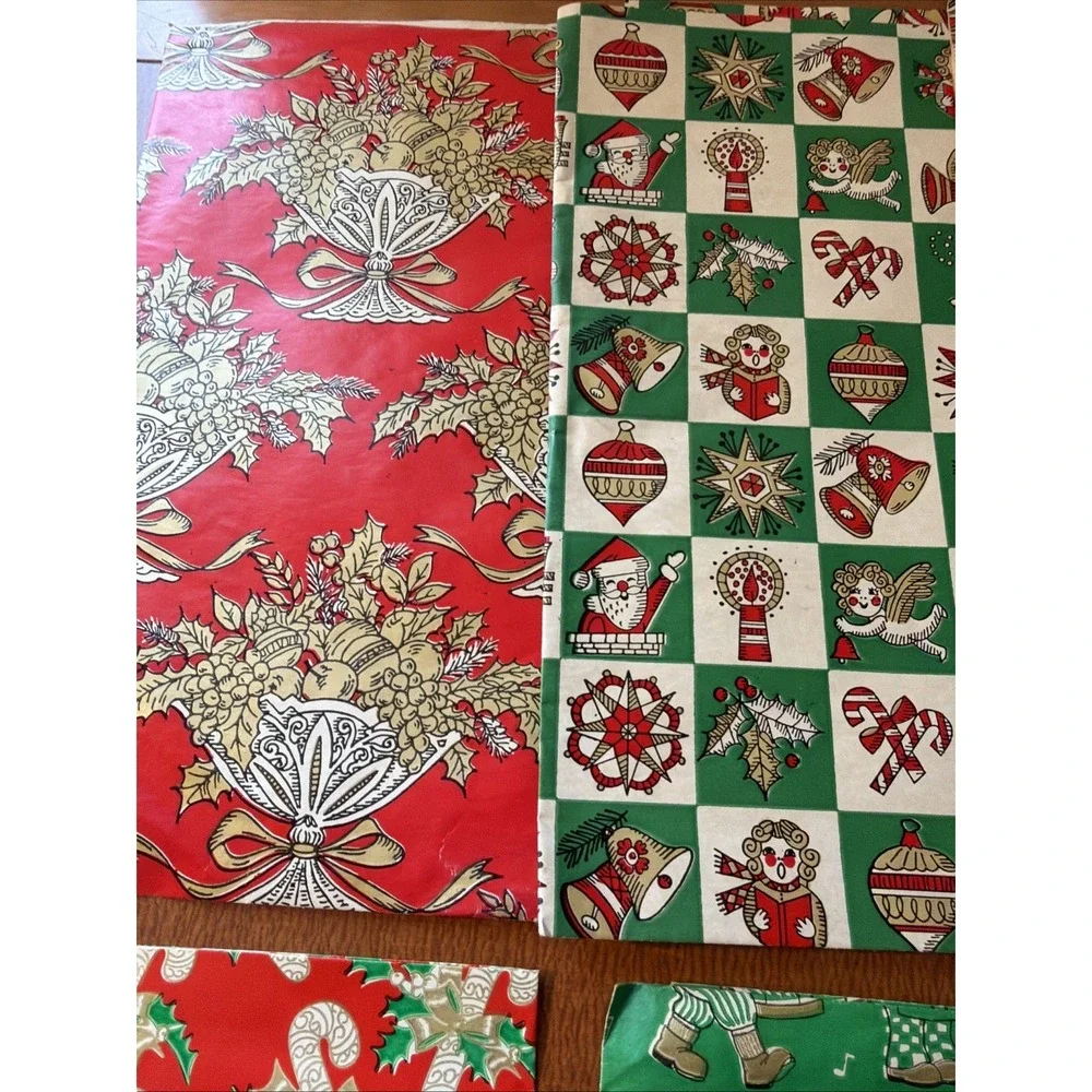 6 Vintage Sheets Of Christmas Flat Wrap: Holly, Candy Canes, Drummer